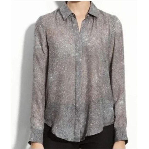 Theory Womens S Gray Galaxy Print Long Sleeves Semi Sheer Silk Button Up Shirt